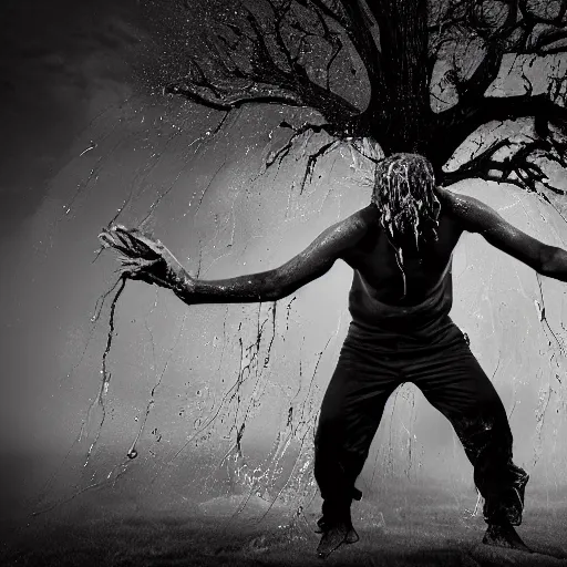 Image similar to The performance art shows a man caught in a storm, buffeted by wind and rain. He clings to a tree for support, but the tree is bent nearly double by the force of the storm. The man's clothing is soaked through and his hair is plastered to his head. His face is contorted with fear and effort. bismuth, deep blue by John Kenn Mortensen fantastic