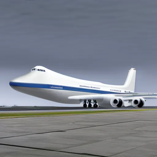 Image similar to the successor to the an - 2 2 5, the an - 3 0 0, the biggest plane ever created, standing on an airport, concept, hyper realistic, ue 5, octane render, realistic lighting