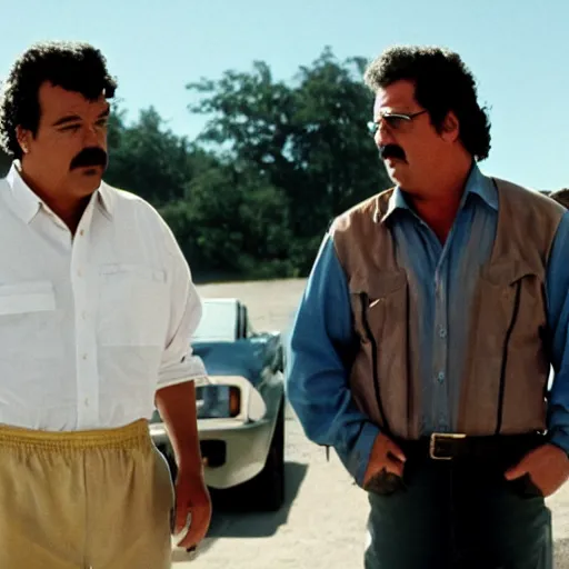 Prompt: walter white with pablo escobar talking about blue sky meth ( cinematic still frame shot, great detailed, good quality, greatly illustrated, uhd, studio lighting, 8 k, photo - realistic, hyperrealistic )