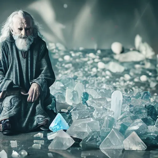 Image similar to old wizard surrounded by crystal shards, 8 k photography