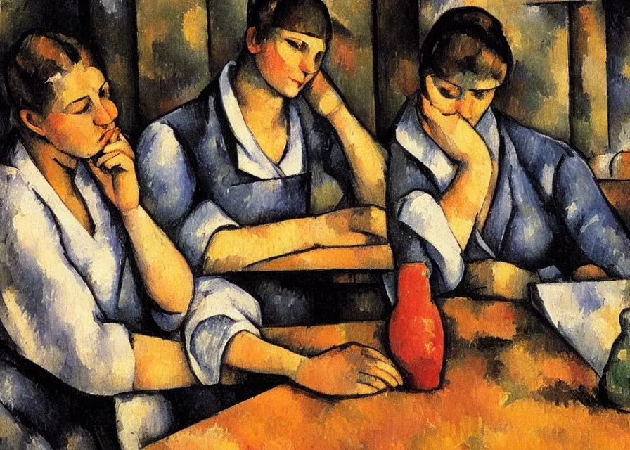 Prompt: in the style of paul cezanne. jouers des cartes. two beautiful girls with modern clothing sitting at a wooden table in a bar looking at their phones. there is a bright red lamp hangig above the table. milkshakes. dim light. a flatscreen tv in background.