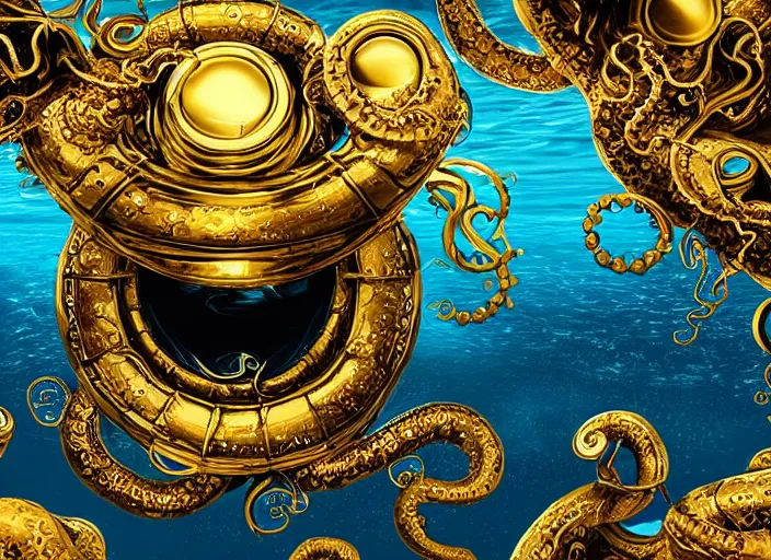 Prompt: under water ocean view of an ornately designed black and gold submarine with gold port hole windows, with a kraken attacking tentacles wrapped around it photo realistic 4 k highly detailed by android jones