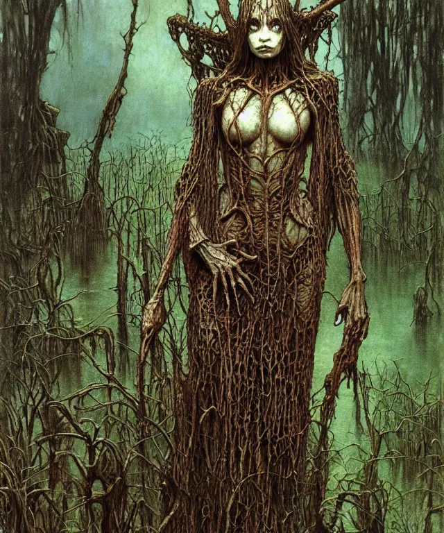 Prompt: a detailed mantiswoman stands among the swamps. wearing a ripped mantle, robe. perfect faces, extremely high details, realistic, fantasy art, solo, masterpiece, art by zdzislaw beksinski, arthur rackham, dariusz zawadzki