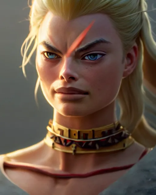 Image similar to azctec warrior, margot robbie, detailed perfect face, exquisite details, fire magic, mid view, design on a white background, by studio muti, greg rutkowski makoto shinkai takashi takeuchi studio ghibli