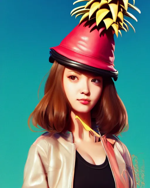 Image similar to pineapple girl wearing a candy hat and leather jacket, fine detail!! anime!! realistic shaded lighting!!, kim hyun joo, digital painting by ilya kuvshinov, magali villeneuve, artgerm, jeremy lipkin and michael garmash and rob rey