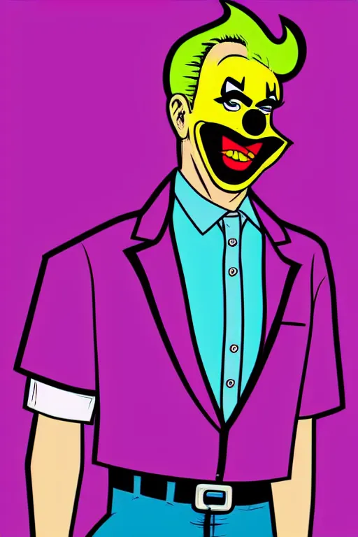 Image similar to detailed display twitter guy wearing an blouses with clown mask. pop art, gta vice city art style, face and body features, ultra realistic details, digital art, concept art, smooth art, sharp focus, illustration, intecrate details, elegant, confident posse, art by mark millar and richard hamilton and mimmo rottela