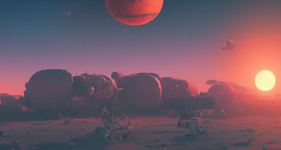Prompt: Double Sunset on a mechanical planet, large twin sunset, cinematic, rendered by simon stålenhag, rendered by Beeple, Makoto Shinkai, syd meade, star wars, inspired by Gundam, environment concept, digital art, unreal engine, 3 point perspective, WLOP, trending on artstation, low level, 4K UHD image, octane render,