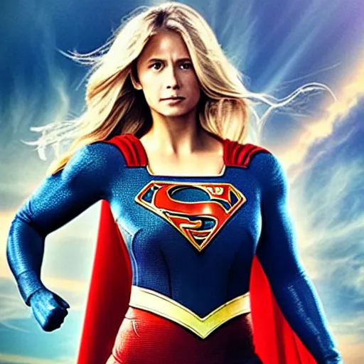 Prompt: Dwayne The Rock Johnson as supergirl, full body shot, epic movie poster