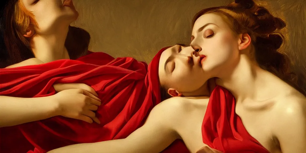Prompt: beautiful oil matte portrait painting, women covered in red drapers lying on golden sheets, wonderful masterpiece highly detailed, beautiful cinematic light deep focus, elegant, digital painting, smooth, sharp focus, golden ratio, dramatic illumination, ultra realistic, 8 k, art by artemisia lomi gentileschi and caravaggio