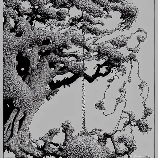 Image similar to a large tree growing from a large floating crystalline solid, by moebius