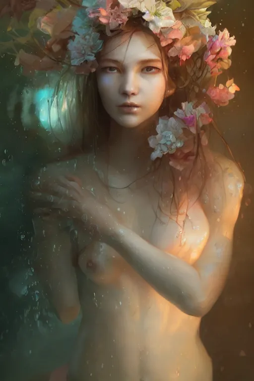 Image similar to face closeup a young beautiful girl nymph drowned in water, underwater photography,, 3 d render, hyper realistic detailed portrait, holding magic flowers, ruan jia, wlop. scifi, fantasy, hyper detailed, octane render, concept art, by peter mohrbacher, by wlop, by ruan jia