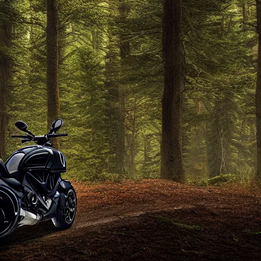 Image similar to portrait of a single ducati diavel in a vast forest landscape in the style of thomas cole, cinematic lighting, raytracing, 8 k, octane render, volumetric, vivid, beautiful, hyperrealism