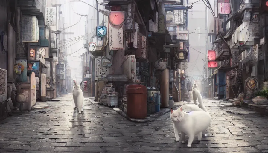 Image similar to White cat walking in the alleys of Tokyo, hyperdetailed, artstation, cgsociety, 8k