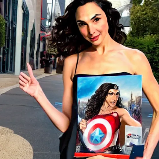 Image similar to Gal Gadot holding a sign that says M I T C H I E P O O !!!! as painted by Ralph Horsley