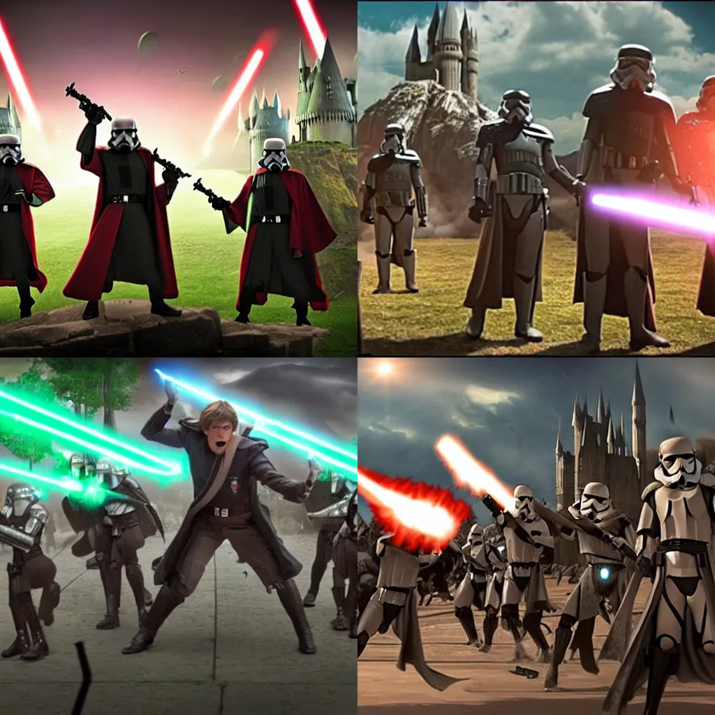 Prompt: the epic invasion of hogwarts by evil anakin and his stormtroopers, epic, ultra realistic, 4k