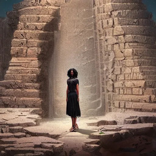 Prompt: portrait of a mesopotamian woman with thick black curls and bangs standing inside sandstone ruins intricate portrait by Tooth Wu and wlop and beeple and Dan Mumford. Octane render, trending on artstation, greg rutkowski very coherent symmetrical artwork. Cinematic, hyper realism, high detail 8k