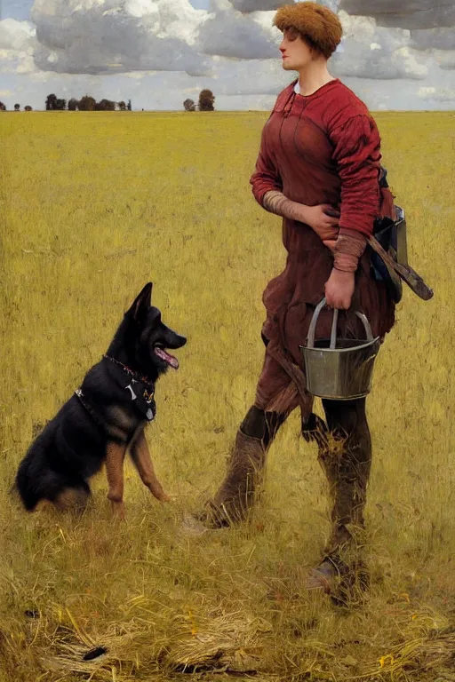 Image similar to farm life portrait of furry anthro anthropomorphic german shepard head animal person fursona wearing clothes on the field in ohio, sunny day, digital art by Nerdrum John, William Waterhouse, Winslow Homer, Alex Heywood, Jordan Grimmer, Darren Quach, Greg Rutkowski, Simon Stalenhag, trending on Artstation, CGSociety