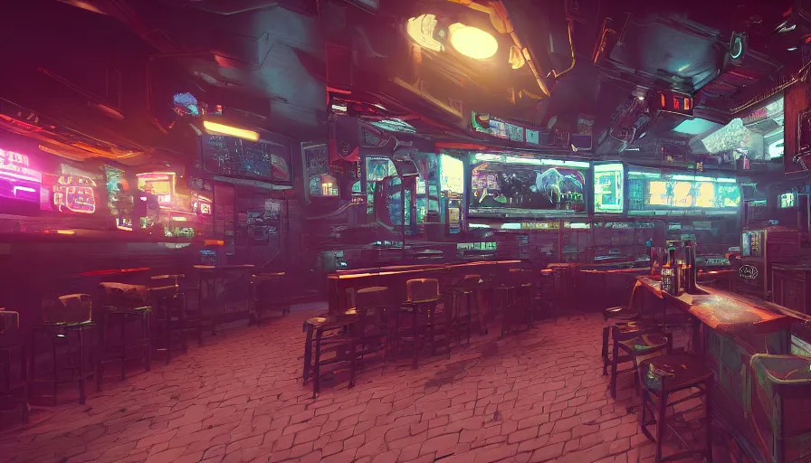 Prompt: cyberpunk themed pub, very detailed, octane render, 4 k, trending on artstation