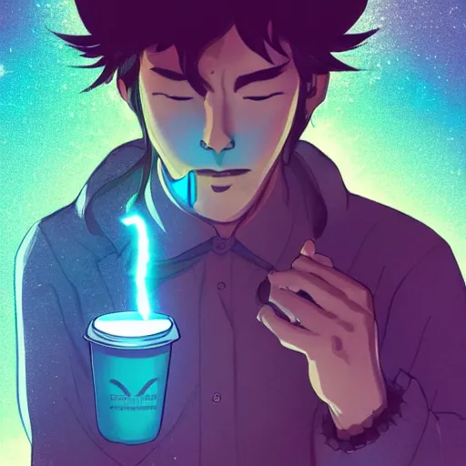 Image similar to A man drinking a cup of cosmic energy bright light by Masafumi Harada, 4k, digital art, surreal, anime style, space dandy style, highly detailed, godsend, artstation