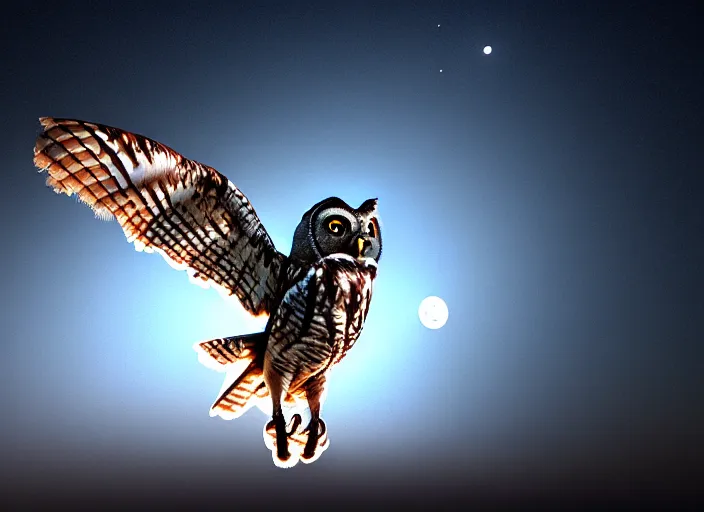 Prompt: an extremely detailed masterpiece photorealistic of a western screech - owl in flight moon in background, in the style of, brian bolland, digital art, unreal engine, volumetric lighting, dark moody lighting, trending on artstation, photorealistic, epic scene