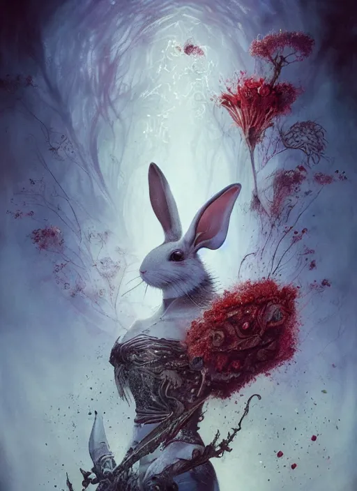 Prompt: white rabbit the magician tarot card, highly detailed, cinematic, 8 k, by megan duncanson, stanley artgermm, tom bagshaw, greg rutkowski, carne griffiths, ayami kojima, beksinski, giger, trending on deviantart, hyper detailed, horror, full of colour