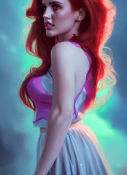 Image similar to full body portrait of teenage cheryl blossom, bangs, green eyes, sultry expression, red hair, sultry smirk, bangs and wavy hair, pink skirt, intricate, elegant, glowing lights, highly detailed, digital painting, artstation, concept art, smooth, sharp focus, illustration, art by wlop, mars ravelo and greg rutkowski