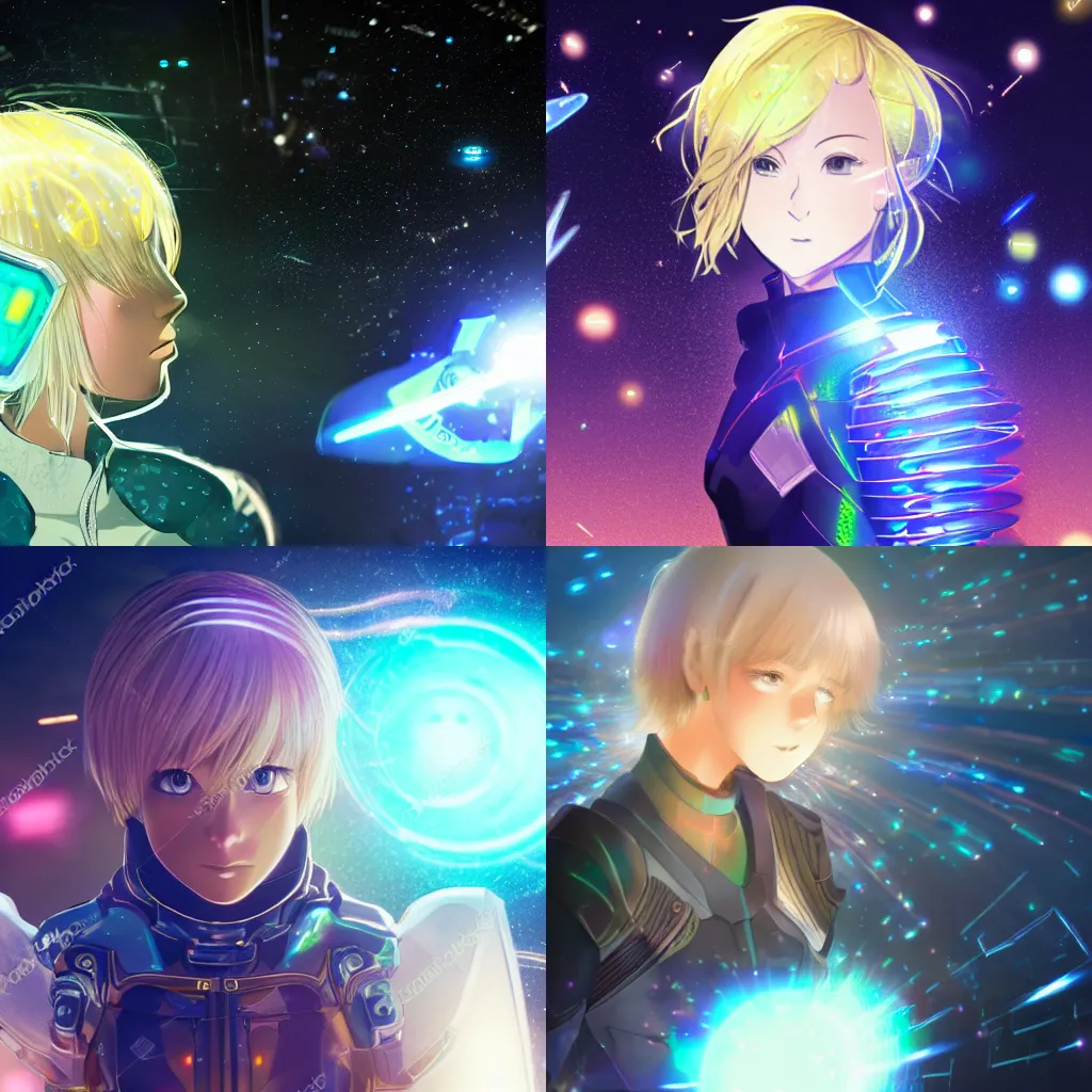 Prompt: a cute girl with short blonde hair, with intricately detailed shields of holographic light orbiting around her body, distant shot, sci fi anime, dramatic lighting