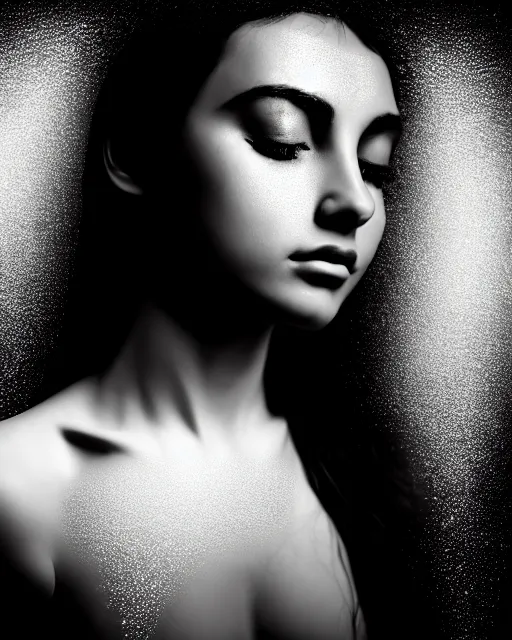 Image similar to black and white dreamy spiritual female water - cyborg high quality portrait photo, microchip leaves, artificial intelligence, cinematic, rim light, photo - realistic, elegant, high detail, 8 k, masterpiece, high fashion, in the style of man ray