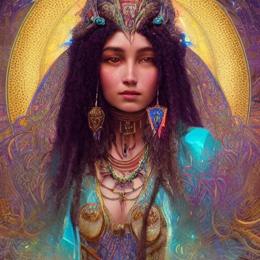 Image similar to artstation, intricate detail, hyper detail, portrait by gaston bussiere, tan skin, lady of elche, egyptian sumerian features, techno mystic goddess princess intergalactica inanna with aqua neon rapunzel dreadlocks,