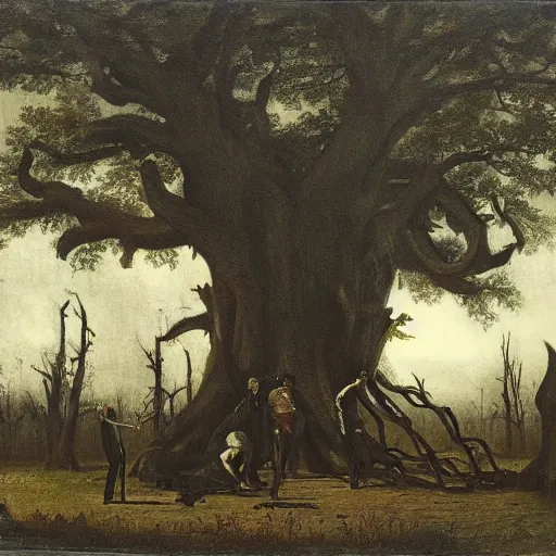 Prompt: huge tree with a lot of hanged bodies, southern gothic art, 1 9 th century scene, painted by friedrich caspar david