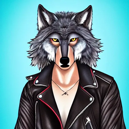 Image similar to award winning beautiful portrait commission of a male furry anthro wolf fursona with a bushy tail and a leather jacket, cute, beautiful, attractive, detailed,