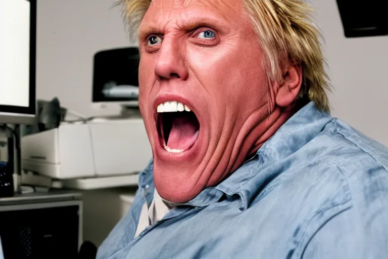 Prompt: gary busey screaming at a desktop computer in 1 9 9 9, ( sony a 7 r iv, symmetric balance, polarizing filter, photolab, lightroom, 4 k, dolby vision, photography awardm, voque, perfect face )