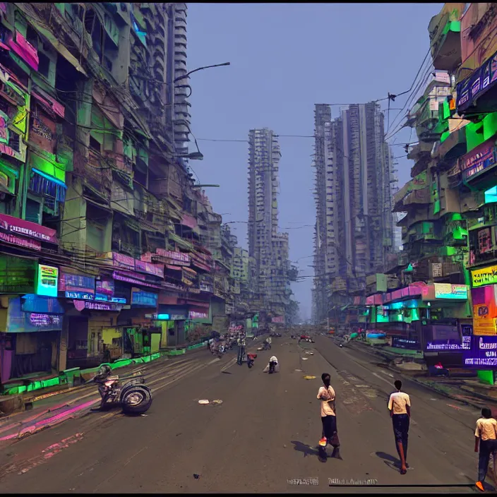 Image similar to streets of mumbai in 2 0 7 0, cyberpunk, futuristic, high fidelity, uncompressed png