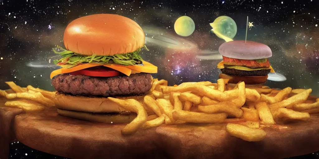 Image similar to a dream of time gone by, where I was eating burgers and not so hungry, realistic, out of this world, alien, sleepy, on a mini world, the little prince from outer space, colorful, gangly, dream, vial of stars, metallic, satisfying render, tiny people devouring food, the happiest moment, joy, fry sauce, aurora