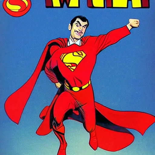 Image similar to mr bean as superman. dc comics coverart, comicbook, comic panel