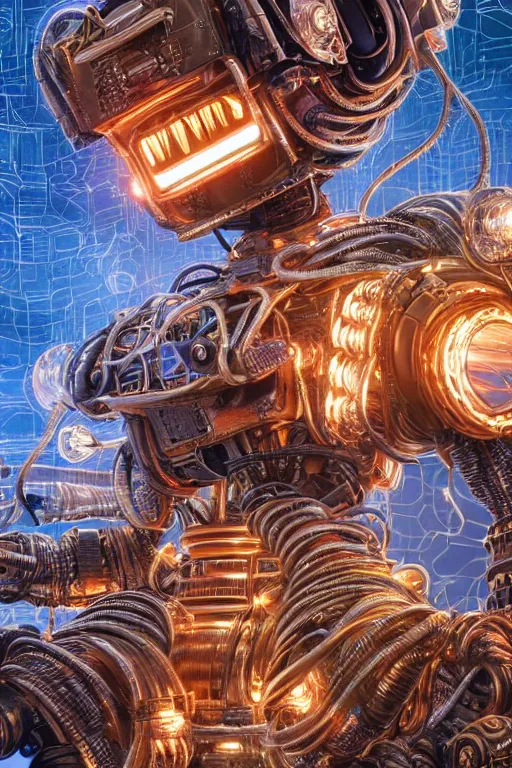 Image similar to an extremely intricately hyper detailed robot lots of cables and lights and connections, inspired by studio ghibli, highly detailed perfect render, realism. concept art. unreal engine 5, f / 1. 8, v - ray, ultra hd, 8 k, atmospheric beautiful background and beautiful lighting. iron forge background lots of sparks and fire. god rays, volumetric lighting. hyper realism.