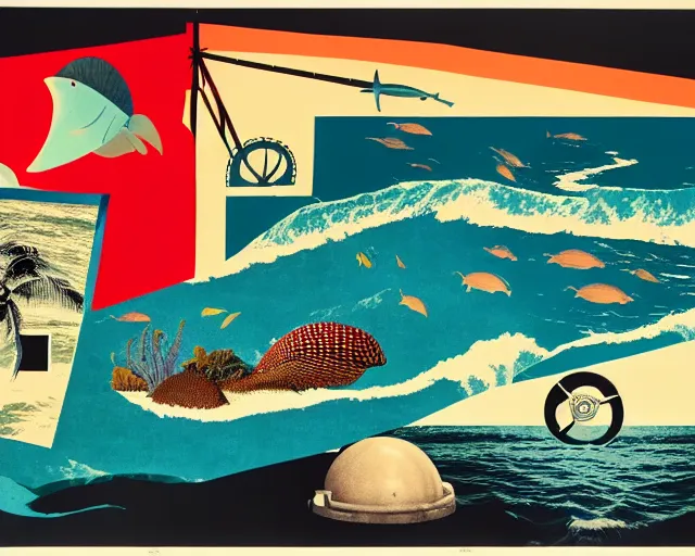 Image similar to footage of a theater stage, 1976 poster, cut out collage, film noir, beach of dawn on Neptun, epic theater, tropical sea creatures, nautical maps, grafitti in style of Ernst Haeckl, composition by Wed Anderson, written by Ernst Jandl, lens flare