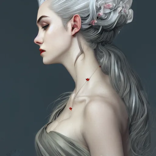 Prompt: side portrait of beautiful vampire, rose thorn crown, thorns everywhere, headshot, pale skin, 4k, bright white hair rule of thirds, extreme detail, detailed drawing, trending artstation, hd, fantasy, D&D, realistic lighting, by Alphonse Mucha, Greg Rutkowski, sharp focus, backlit, elegant