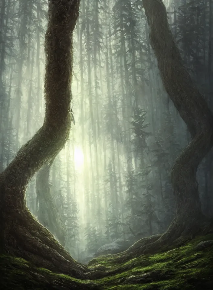 Image similar to a face portrait of the tree god guarding the temperate forests from skyrim, fantasy setting, serene environment, serene colors, soft lighting, atmospheric, cinematic, moody, in the style of diego koi, gina heyer, luiz escanuela, art by alyssa monk, hyperrealism, rule of thirds, golden ratio, oil on canvas, 8 k