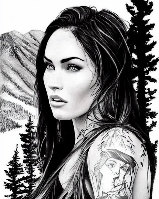 Image similar to realism tattoo design sketch of megan fox face blended with beautiful mountain scenery, in the style of dan mountford, double exposure photography, hyper realistic, amazing detail, black and white