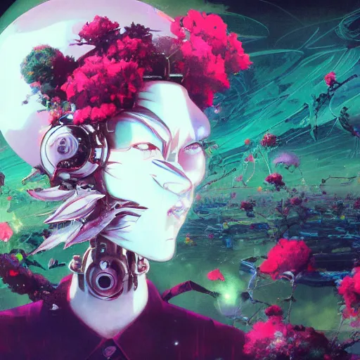 Image similar to surreal gouache painting, by yoshitaka amano, by ruan jia, by conrad roset, by Kilian Eng, by good smile company, detailed anime 3d render of a mechanical android head with flowers growing out, portrait, cgsociety, artstation, modular patterned mechanical costume and headpiece, retrowave atmosphere