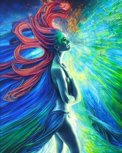 Prompt: blue and green rainbow fire, by antonio j. manzanedo, alex grey, android jones, wayne barlowe, philippe druillet, raymond swanland, cyril rolando, josephine wall, harumi hironaka, cronenburg, trending on artstation