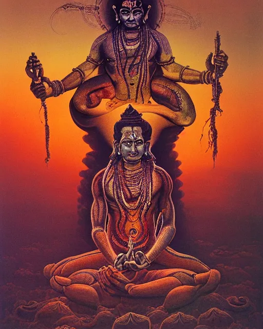 Image similar to One many-armed Shiva sits in the lotus position. Nuclear explosion on the background. Dark colors, extremely high detail, hyperrealism, horror art, masterpiece, close-up, biopunk, body-horror, ceremonial portrait, solo, rich deep colors, realistic, art by Yoshitaka Amano, Beksinski