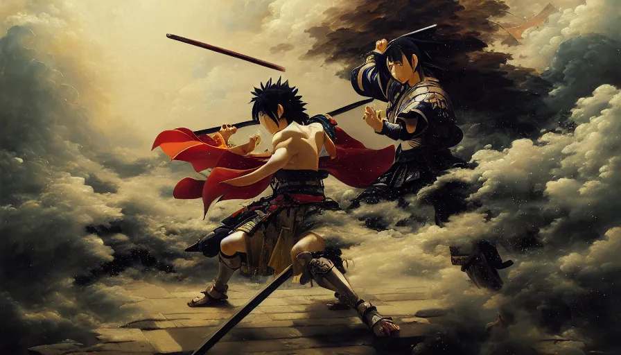 Image similar to baroque oil painting of key visual large epic samurai battle, rain, brutalist fantasy, rule of thirds golden ratio, fake detail, trending pixiv fanbox, acrylic palette knife, style of makoto shinkai takashi takeuchi yoshiyuki sadamoto greg rutkowski chiho aoshima