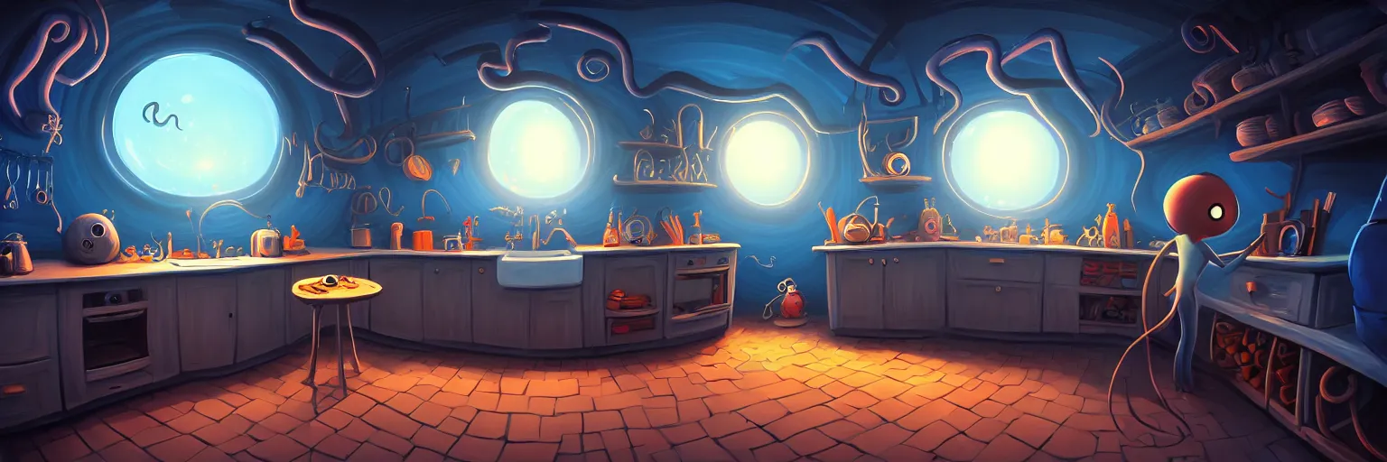 Prompt: darkness, fisheye spiral, naive, extra narrow, detailed illustration of a basement kitchen, large floor, octopus shaped by rhads from lorax movie, trending artstation, dark blue underwater