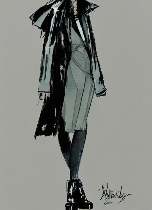 Prompt: a yoji shinkawa sketch of a girl with long legs wearing a one piece outfit and a black coat inspired by a puffy japanese kimono designed by balenciaga