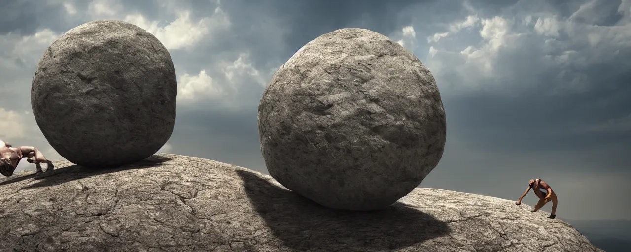 Prompt: Sisyphus pushing a large stone up a mountain, the stone is round, the stone is rolling up, sisyphus looks tired, the mountain is steep, melancholic mood, photo realistic, 8k, HDR, ultra detailed, trending on artstation