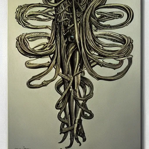 Prompt: a painting of the caduceus by h. r. giger