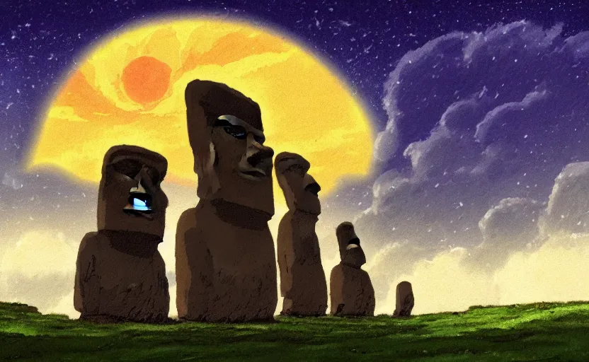 Image similar to a cell - shaded studio ghibli concept art study of a square dimensional portal doorway in easter island on a misty starry night. water is flowing out of the mouth of the portal. very dull colors, hd, 4 k, hq