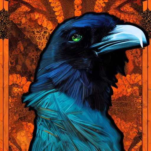 Prompt: photorealistic detailed raven animal portrait painting, twisting wisp of smoke, ornate dark turquoise and black and yellow ochre and orange background, circle, art by jon ching and alphonse mucha and louis sullivan and greg hildebrandt